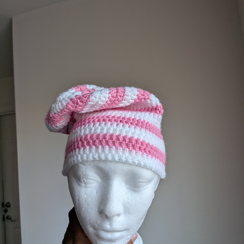 Pink and White Striped Slouchy Beanie